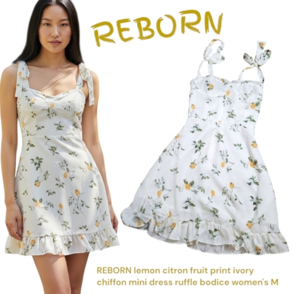 REBORN Women's lemon citron fruit print Mini Dress chiffon ruffle bodice M